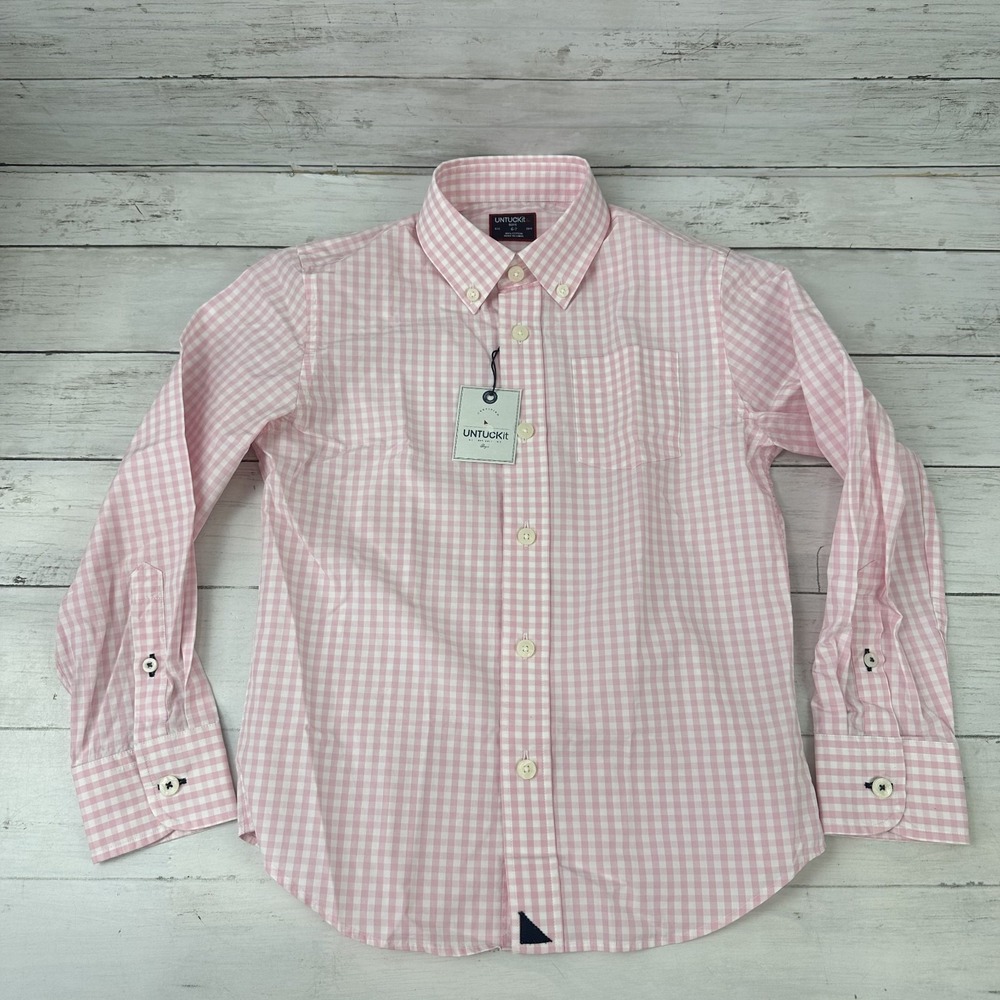 UNTUCKit Youth boys Size 6-7 long Sleeve button down Shirt pink check NWT School